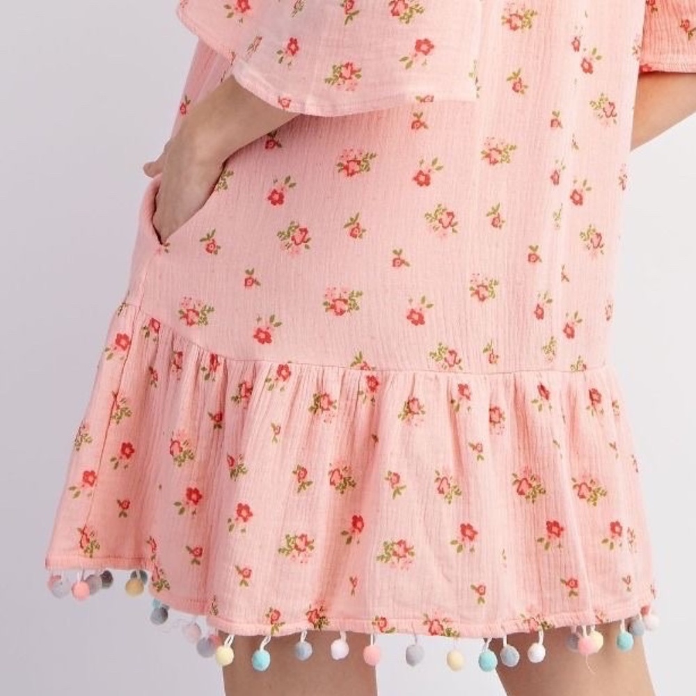 New Easel Cold Shoulder Dress Pom Pom Trim Ruffle Gauze Pink Floral Pockets - Picture 12 of 12